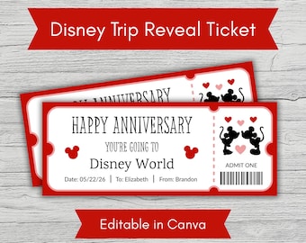 Boleto de revelación de viaje de aniversario a Disney World, regalo sorpresa de viaje a Disney, cupón de revelación de vacaciones en Disney World, imprimible de viaje a parques temáticos