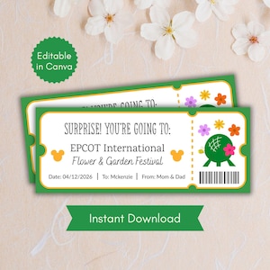Boleto de presentación para viaje a Disney World, cupón de presentación para el Festival de Flores y Jardines de EPCOT, regalo sorpresa para viaje a Disney, boleto de presentación para viaje a parques temáticos