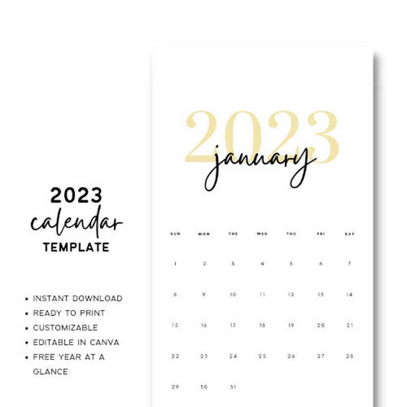 2023 Calendar Template PRINTABLE, CUSTOMIZABLE, EDITABLE Etsy
