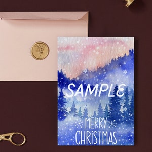 PDF PNG Aquarela Snowy Mountains ‘Feliz Natal’ Cartão de felicitações dobrável 5x7 para impressão