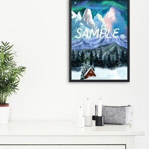 May include: A framed watercolor painting of a snowy mountain scene with a small cabin in the foreground. The sky is a vibrant blue with pink and green aurora borealis. The text "SAMPLE" is printed in white on the mountain.