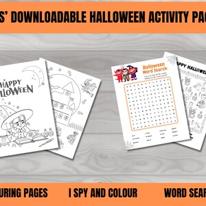 Könnte beinhalten: Ein druckbares Halloween-Aktivitätspaket für Kinder mit Malvorlagen, einer Ich-sehe-und-Male-Aktivität und einem Wortsuchrätsel. Die Malvorlagen zeigen eine Hexe und ein Spukhaus. Das Wortsuchrätsel enthält die Wörter "Happy Halloween", die im Raster versteckt sind.