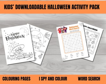 May include: A printable Halloween activity pack for kids with coloring pages, an I Spy and color activity, and a word search puzzle. The coloring pages feature a witch and a haunted house. The word search puzzle has the words "Happy Halloween" hidden in the grid.