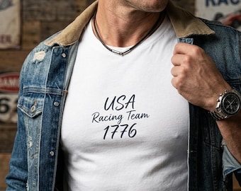 Maglietta USA Racing Team 1776, maglietta per il 250° anniversario dell'America, maglietta da corsa del 4 luglio, maglietta grafica patriottica in stile NASCAR, Giorno dell'Indipendenza