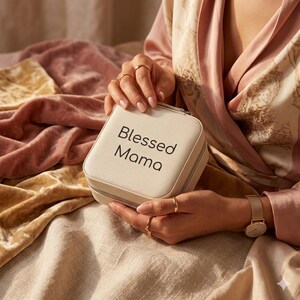 Blessed Mama Third Trimester Gift Romantic Push Present Custom Mom Gift Jewelry Travel Case | Compact Pink Organizer