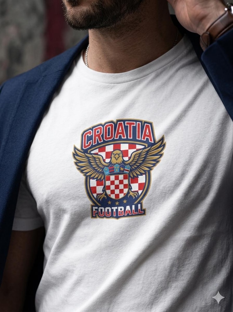 Puede incluir: Una camiseta blanca de manga corta con un dise&ntilde;o gr&aacute;fico que incluye el texto CROATIA en la parte superior y FOOTBALL en la inferior. El emblema central muestra un &aacute;guila dorada con las alas extendidas sobre un escudo ajedrezado.