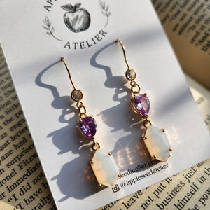 Miss Georgiana Darcy Earrings, Violet and White Opal Hexagon, Vintage-Style Jewelry