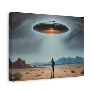 Desert UFO Encounter Canvas Wrap, UFO Decor, Sci-Fi Fan Wall Art, Space Craft In The Desert Mystery For Sci-Fi Enthusiast