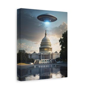 Canvas Print, UFO Hovering Over US Capitol Building, Sci-Fi Art, Home Decor, Wall Art, Unique Gift