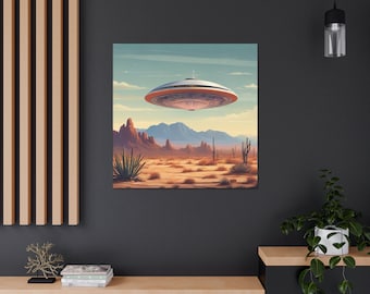 UFO In Desert 1950's Style Canvas Gallery Wrap Wall Art, Vintage Style Sci-Fi UFO Decor