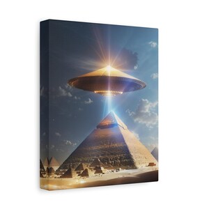Canvas Print UFO Pyramid Desert Matte Wall Art,  Alien Spaceship Wall Decor, Area 51 Artwork, Galaxy Theme Home
