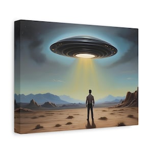 UFO Desert Encounter Canvas - Nostalgic Charm meets Extraterrestrial Intrigue! UFO and Sci-Fi Decor, Space Ship In The Desert