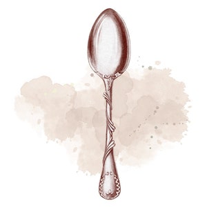 Desenho de colher vintage antiga, álbum de recortes, clipart digital, download instantâneo, para impressão, cartão, PNG, aniversário, retrô, utensílios reais