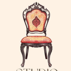 Dessin de chaise royale vintage antique, Scrapbooking, Clipart numérique, Téléchargement immédiat, Imprimable, Carte, PNG, Anniversaire, Peint à la main, Chaise