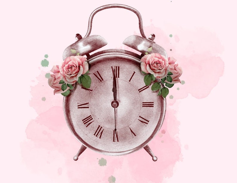 Vintage Old Alarm Clock Roses Drawing, Scrapbook, Digital Clipart ...