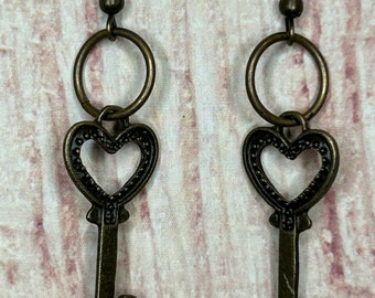 Bronze heart key wire earrings