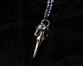 Silver Crow Skull Necklace | Ornate Gothic Jewelry