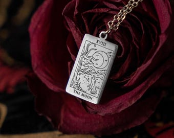 Collana in acciaio inossidabile e argento con la carta dei tarocchi della luna / Gioielli con gli Arcani maggiori