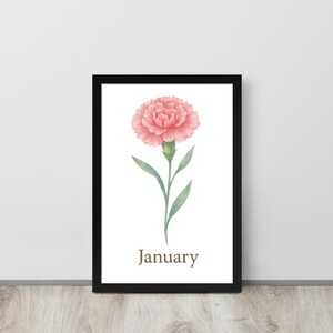 Framed January Birth Flower Poster: Carnation Botanical Wall Art