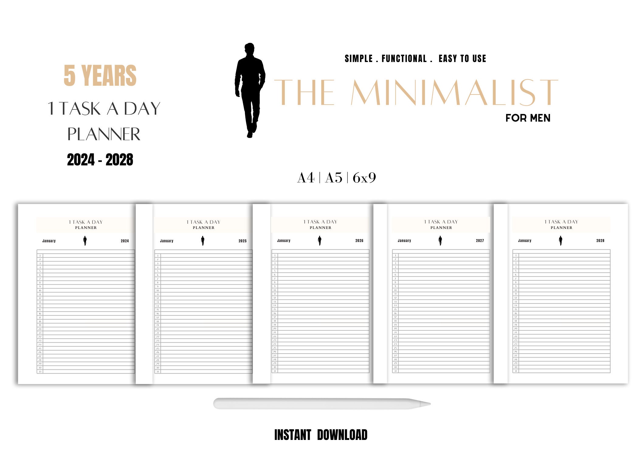 5-year Printable Minimalist One Task a Day Planner A4 - Etsy