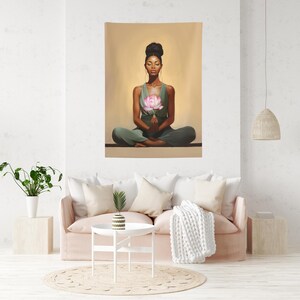 Calming Woman Meditating Art Tapestry, Wall Decor for Peaceful Living Spaces, Dorm Room Tapestry, Mindfulness Art, Yoga Tapestry