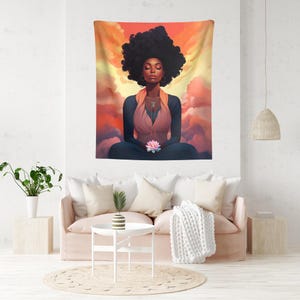 Tranquil Woman Meditation Tapestry, Dorm Room Tapestry, Bedroom Art, Calming Wall Art for Meditation and Yoga Retreat, Gift for Her