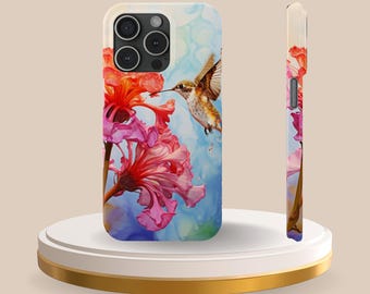 Hummingbird and Pink Blossoms Slim Phone Case, Floral Bird Nature Case for iPhone