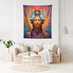 Elegant Boho Woman Meditation Tapestry, Dorm Room Tapestry, Mindfulness Art, Yoga Tapestry, Wall Art for Relaxation and Spiritual Spaces