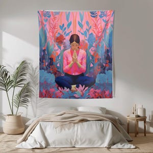 Tranquil Woman Meditating Art Tapestry, Inspiring Mindfulness Home Décor, Dorm Room Tapestry, Yoga Tapestry, Gift for Her, Bedroom Tapestry
