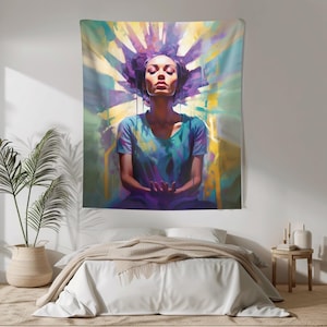 Abstract Woman Meditation Tapestry, Mindfulness Wall Art, Gift for Her, Wall Art for Relaxation Spaces, Dorm Room Art, Bedroom Tapestry