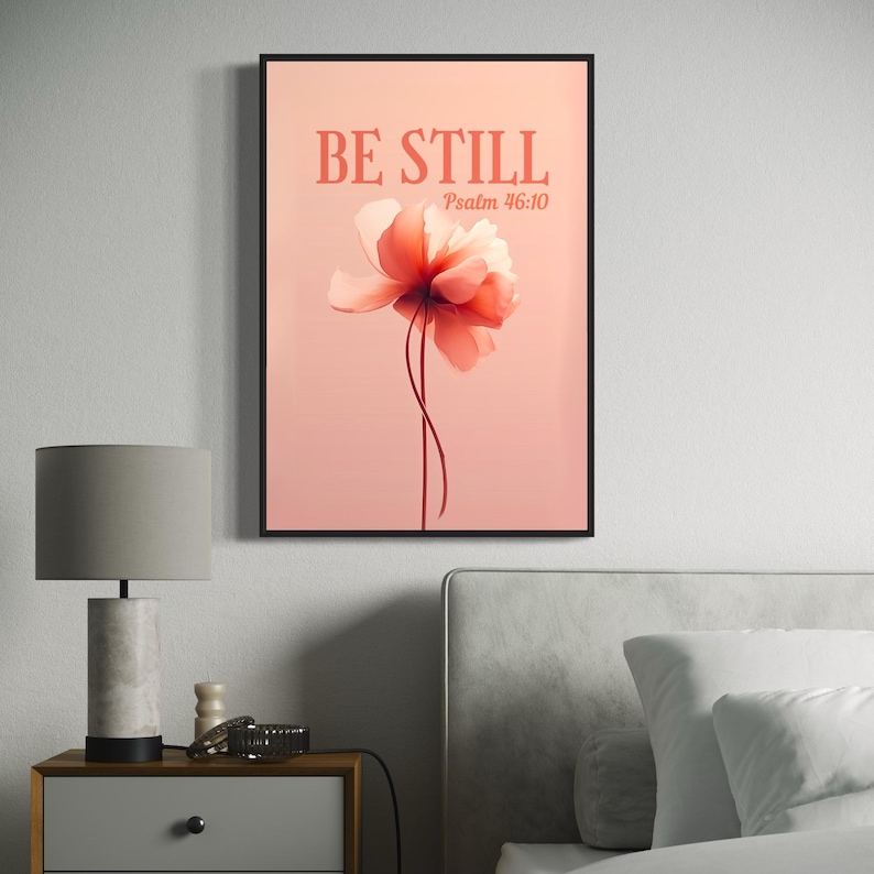 Be Still Floral Wall Art, Inspirational Bible Verse Print, Blue