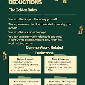 May include: A dark green infographic with gold detailing tax deductions. The title "TAX DEDUCTIONS" is at the top, followed by "The Golden Rules" and lists of common work-related deductions, including clothing, tools, and stationery.
