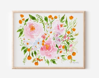 Floral Print Wall Art | Floral Artwork | Botanical Art | Girl Nursery Decor | Flowers Painting | Orange Burst