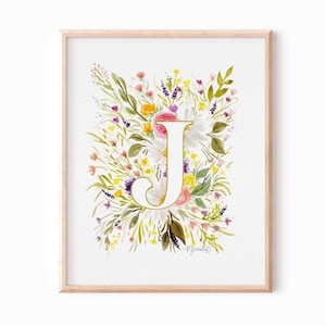 Impresión de iniciales florales, decoración de habitación infantil, arte mural con iniciales, decoración de pared infantil, letra monograma, arte del alfabeto, arte floral con nombres