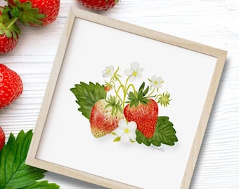 Strawberry Blossom Watercolor Art Print: Cottagecore Wall Decor
