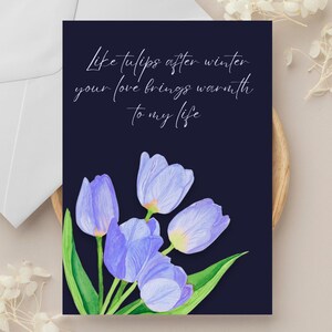 Tulips in Navy Greeting Card Anniversary Valentines Day A2 Greeting Card blank Inside Gift Watercolor Tulips After Winter