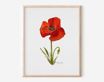 Watercolor Poppy Print: Bright Red August Birth Flower Art