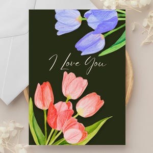 I love You Pink and Blue Tulips Card Anniversary Valentines Day A2 Greeting Card blank Inside Gift Watercolor Tulips After Winter Moody Art