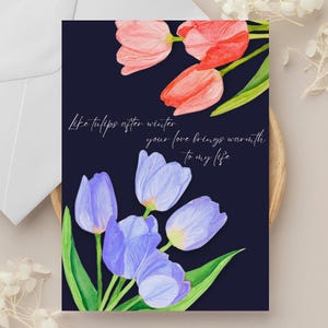 Pink and Blue Tulips in Navy Greeting Card Anniversary Valentines Day A2 Greeting Card blank Inside Gift Watercolor Tulips After Winter