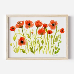 Watercolor Poppy Floral Print | Iceland Poppies Painting | Flower Art Print | Poppy Flower Wall Art Crimson Poppy Field in White