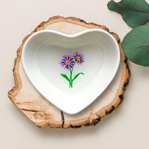 September Birth Flower Ring Dish: Hand-Painted Aster Ceramic Heart