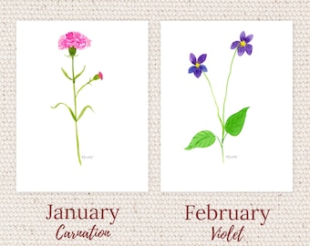 Watercolor Birth Flower Print: Botanical Wall Art, Meaning Card Included