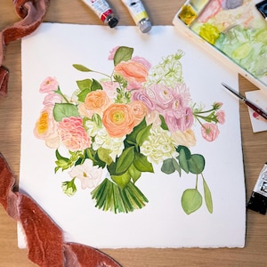 Custom Watercolor Wedding Bouquet Painting, Original Bridal Bouquet Keepsake, Anniversary Gift, Floral Watercolor Painting, Wedding Gift