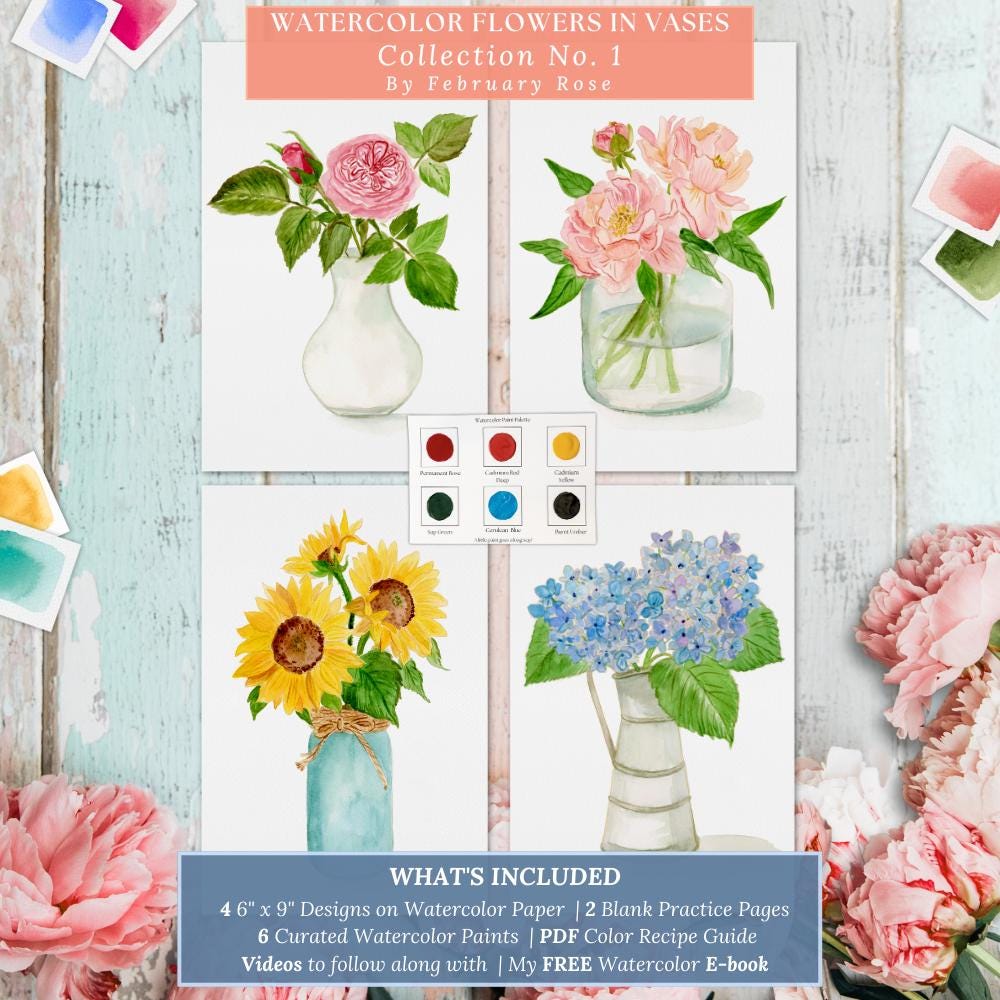 Watercolor Flowers in Vases Kit Beginner Painting Set with Designs, Paints and Instructional Videos -Coloring Pages for adults - Paint Kit