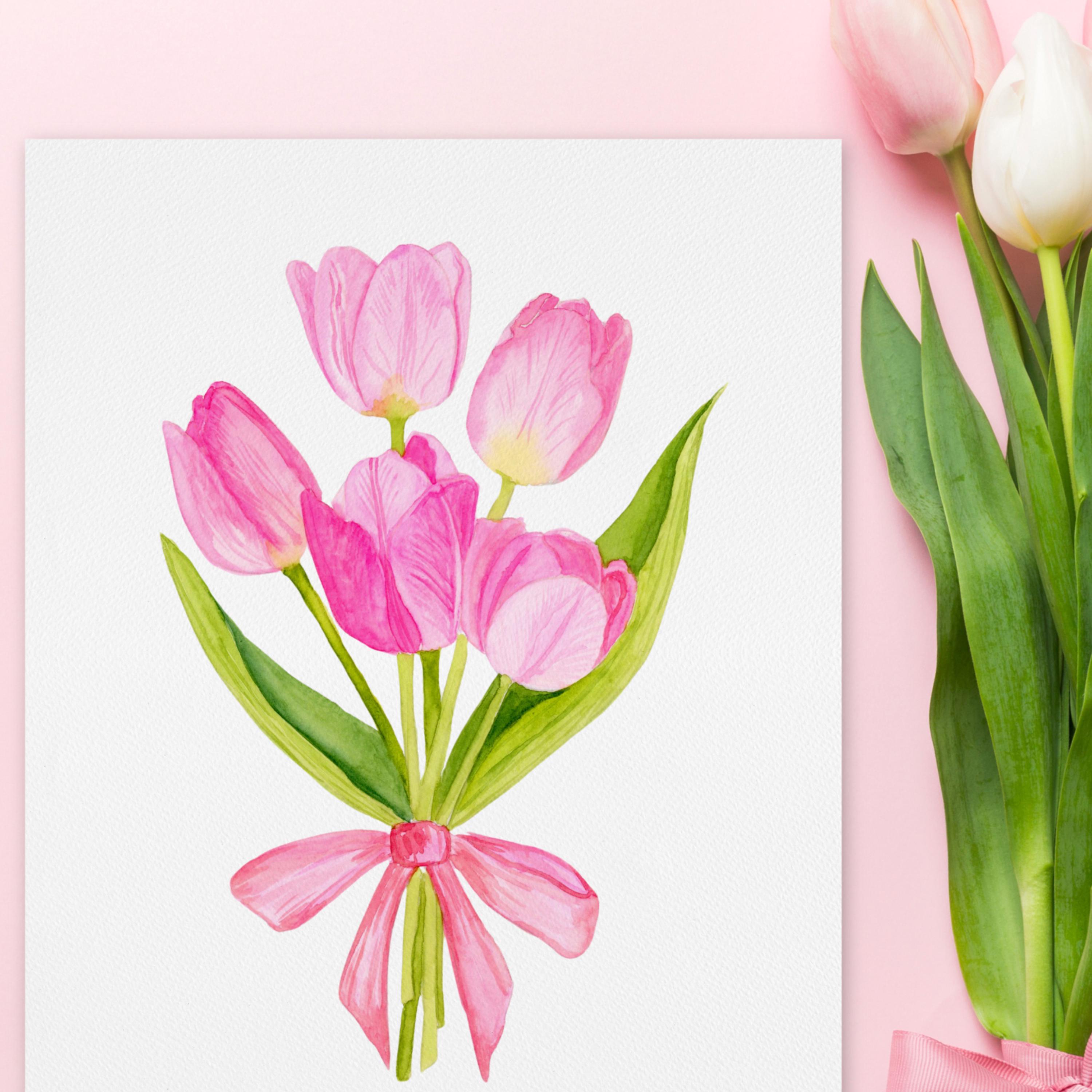 Watercolor Tulips With Pink Bow Art Print, Wall Art, Floral Art, Flower ...