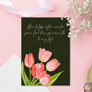 Pink Tulips Greeting Card Anniversary Valentines Day A2 Greeting Card blank Inside Gift Watercolor Tulips in winter