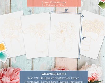 Watercolor Flower Coloring Pages Set of 4 Hand-Drawn Floral Vase Designs Printed on High-Quality Paper