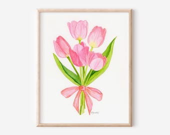Watercolor Pink Tulip Art Print, Floral Wall Art