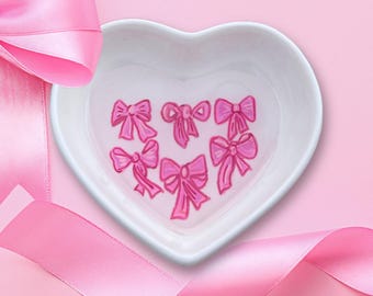 Hand Painted Pink Bows Ceramic Ring Dish: Heart Shaped Trinket Tray