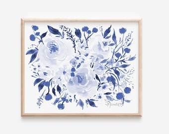 Navy Watercolor Floral Print: Loose Brushstrokes Botanical Art